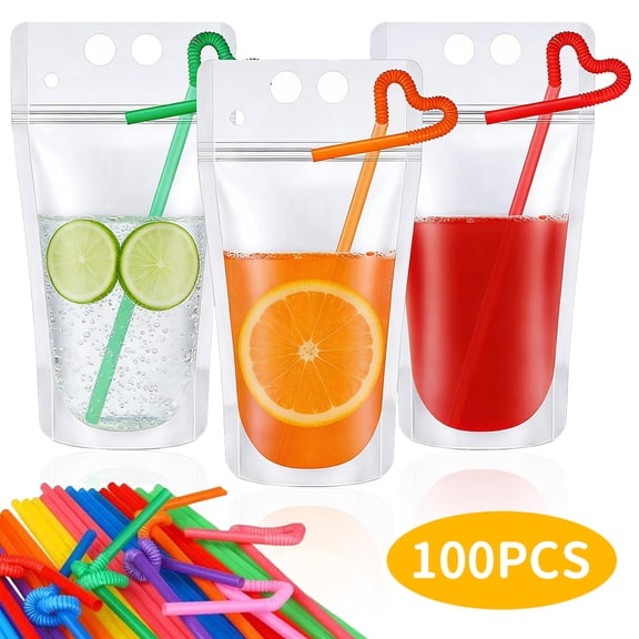 WLGJL 100 Pcs Drink Pouches with 100 Straw, Freezable Juice Pouches, Translucent Reclosable Zipper Plastic Pouche for Cold & Hot Drinks for People