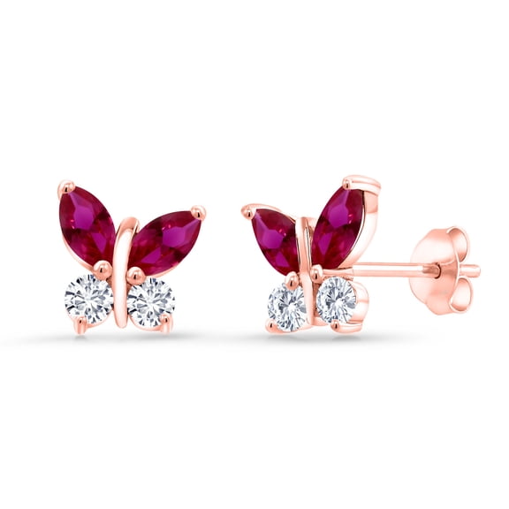 18K Rose Gold Plated Silver Marquise Red Created Ruby and White Lab Grown Diamond Butterfly Earrings for Women (1.60 Cttw, Gemstone July Birthstone, Center Stone: 6X3MM, Small Stones: 3MM)