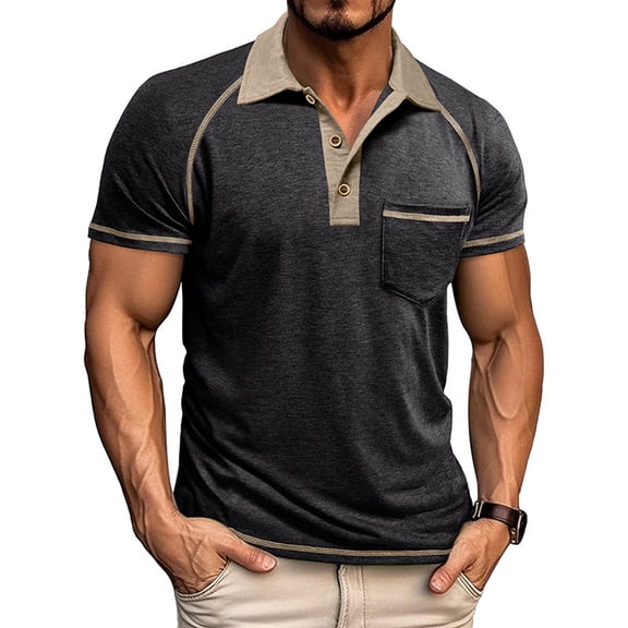 Yifymode Men's Short Sleeve Polo Shirt, Button Placket Chest Pocket Soft Breathable Fabric Classic Fit Top Black L