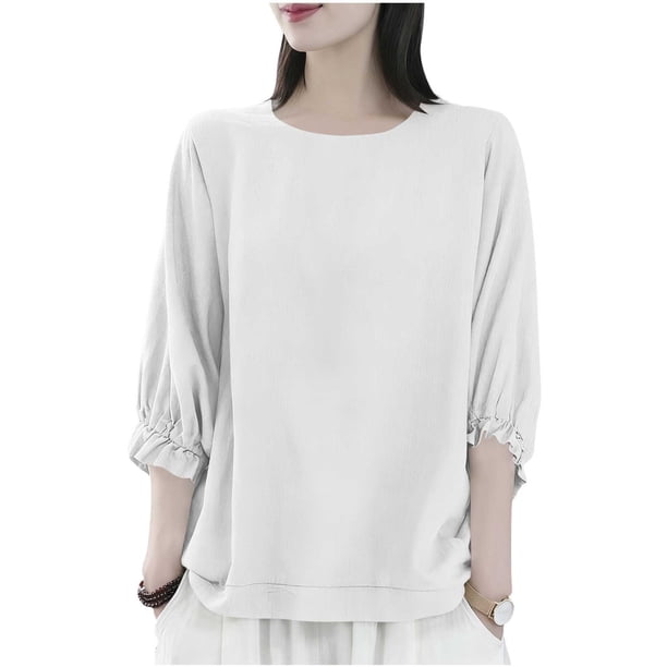 Camiseta de Cuello Redondo de Manga de Encaje de Color Sólido de Cinco Cuartos para las Mujeres, Camisetas de Manga de Encaje para las Mujeres Casual de Moda Primavera Verano