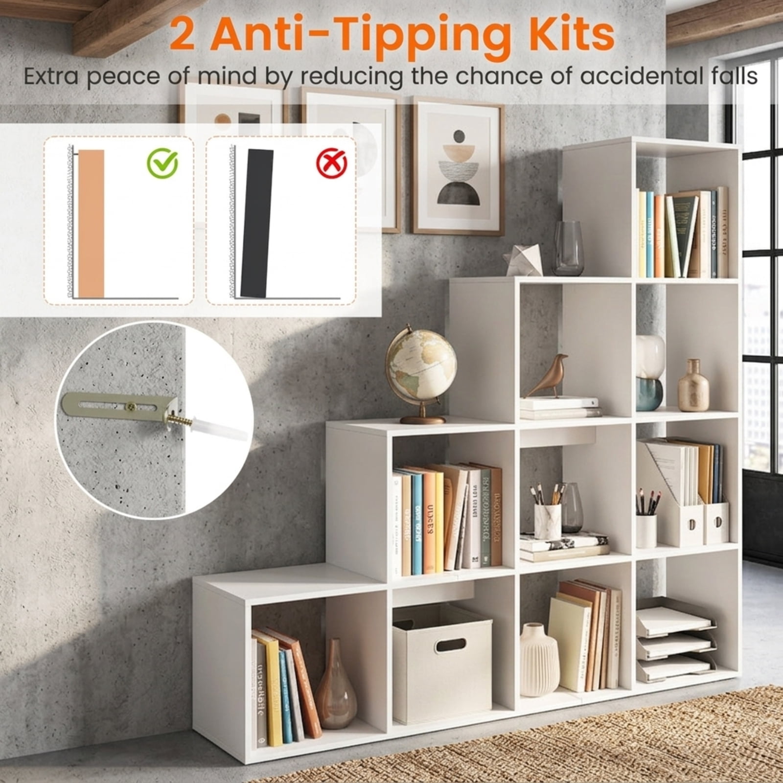 Furnibear 4-Tier Tall White Bookshelf with 10 Open Cubes Anti-Tipping Kits and Screw Hole Covers for Home Office and Living Room, White