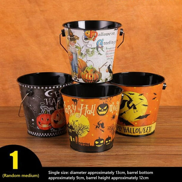 1 cubo de hierro para dulces de Halloween con patrones aleatorios, cubo de almacenamiento de calabaza, cubo de hierro para clasificar dulces de Halloween, cubo de hierro para niños, cubos de hierro pe