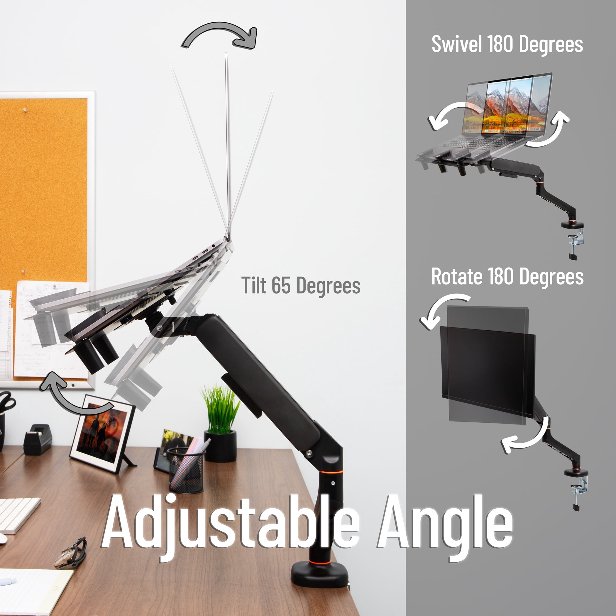 Mind Reader Gas Spring Laptop Desk Mount, Fits 11.6–17.3" Laptops or Monitors, 180° Rotate, 13.2 lb Capacity, Single Arm, Adjustable Tilt/Swivel, Black