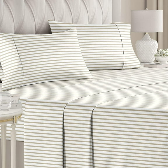 CGK Linens 4-Piece Hotel Luxury Striped Sheet Set - Queen Size Stripe Pattern Bed Sheets, Beige Stripes