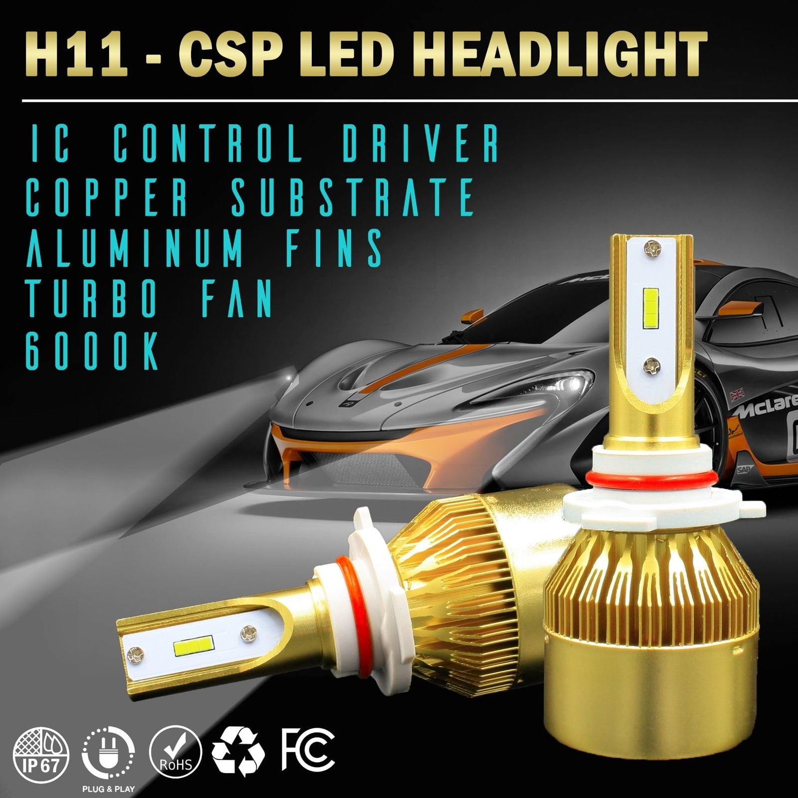 AUXBEAM H8 H9 H11 60W LED Headlight Bulbs Conversion Kit 6000K High or Low Beam 