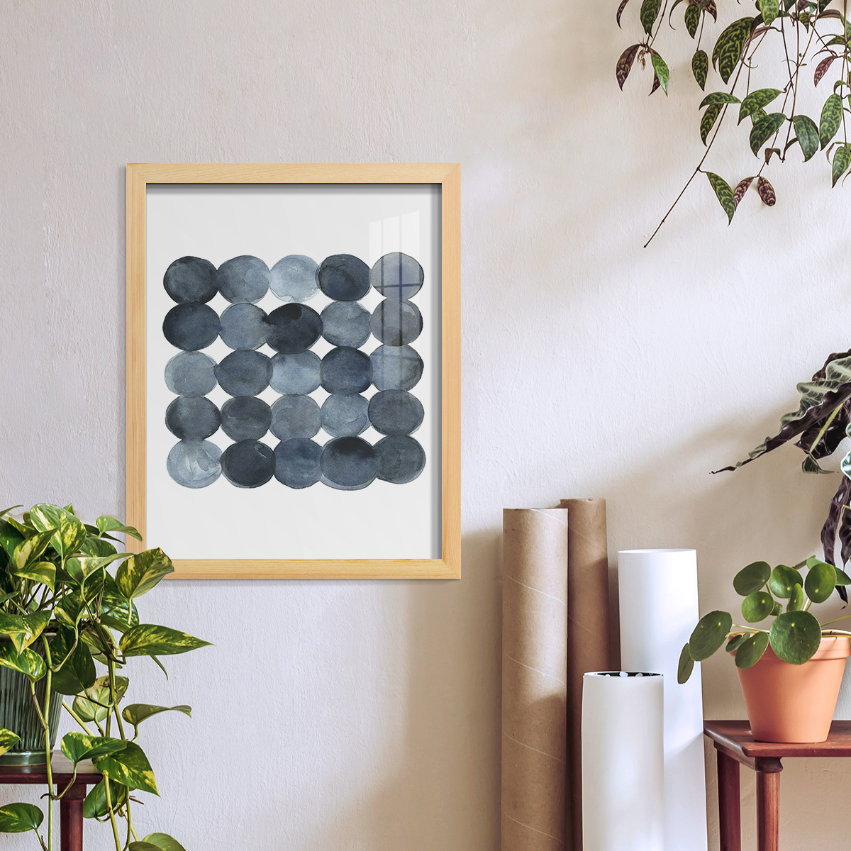 Blue Grey Density I -Framed Print w/glass-Natural Wood