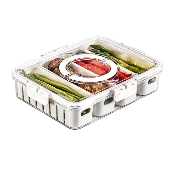 Bandeja de verduras dividida con tapa, 4 compartimentos, 30 x 24 x 7 cm