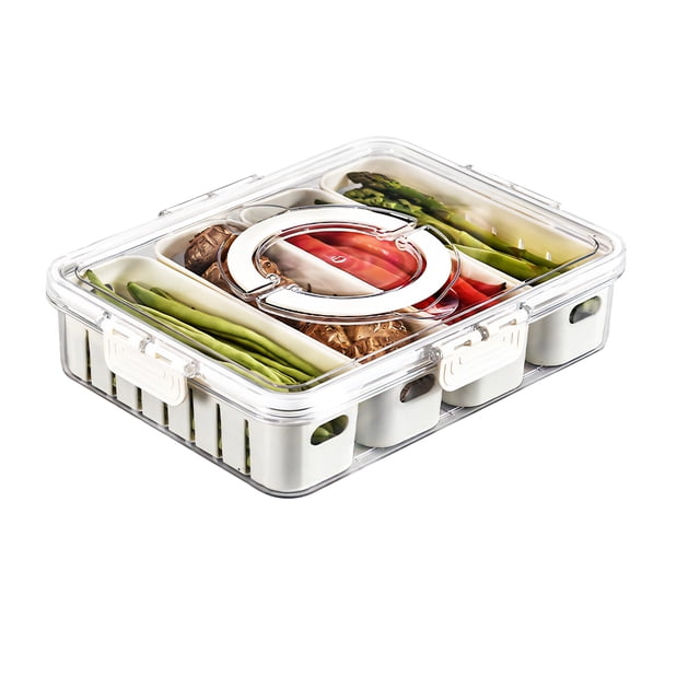 Bandeja de verduras dividida con tapa, 4 compartimentos, 30 x 24 x 7 cm