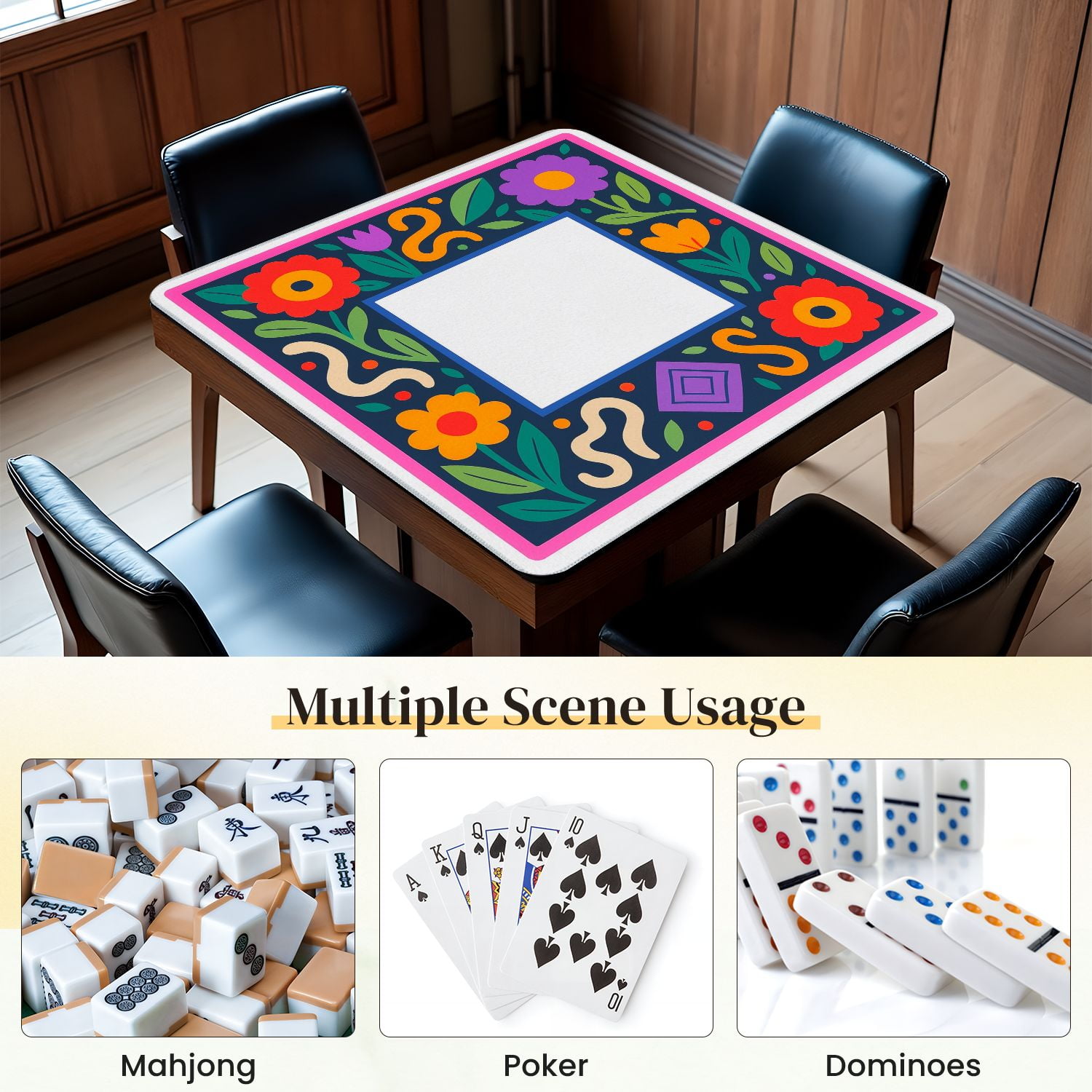 Mahjong Mat 31.5" x 31.5" Colorful Floral Frame Bold Patterns Bright Flowers Anti-Slip and Noise Reduction Symmetry Design Mahjong Tiles Table Cover for Dominoes Poker Card Board and Tile Games