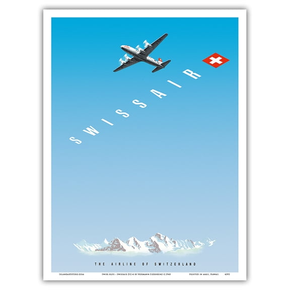 Swiss Alps - Swissair DC-4 - The Airline of Switzerland - Vintage Airline Travel Poster by Hermann Eidenbenz c.1948 - Master Art Print (Unframed) 9in x 12in