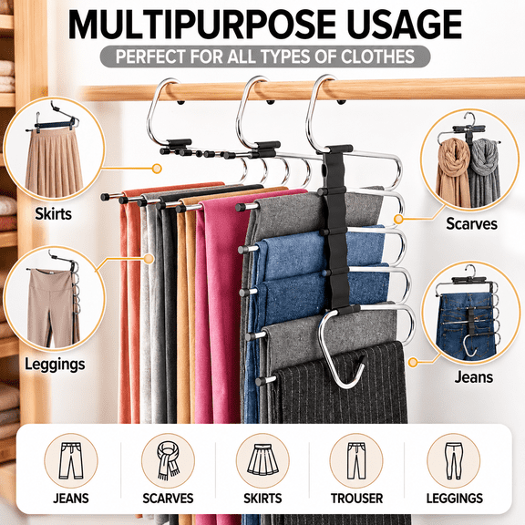 Pants Hangers Space Saving - 2 Pack - Non-Slip Multi-Layer Space Saving Hangers - Multifunctional Clothing Rack for Closet Storage - Ideal for Jeans, Trousers, Skirts, Scarves & Slacks (Black)