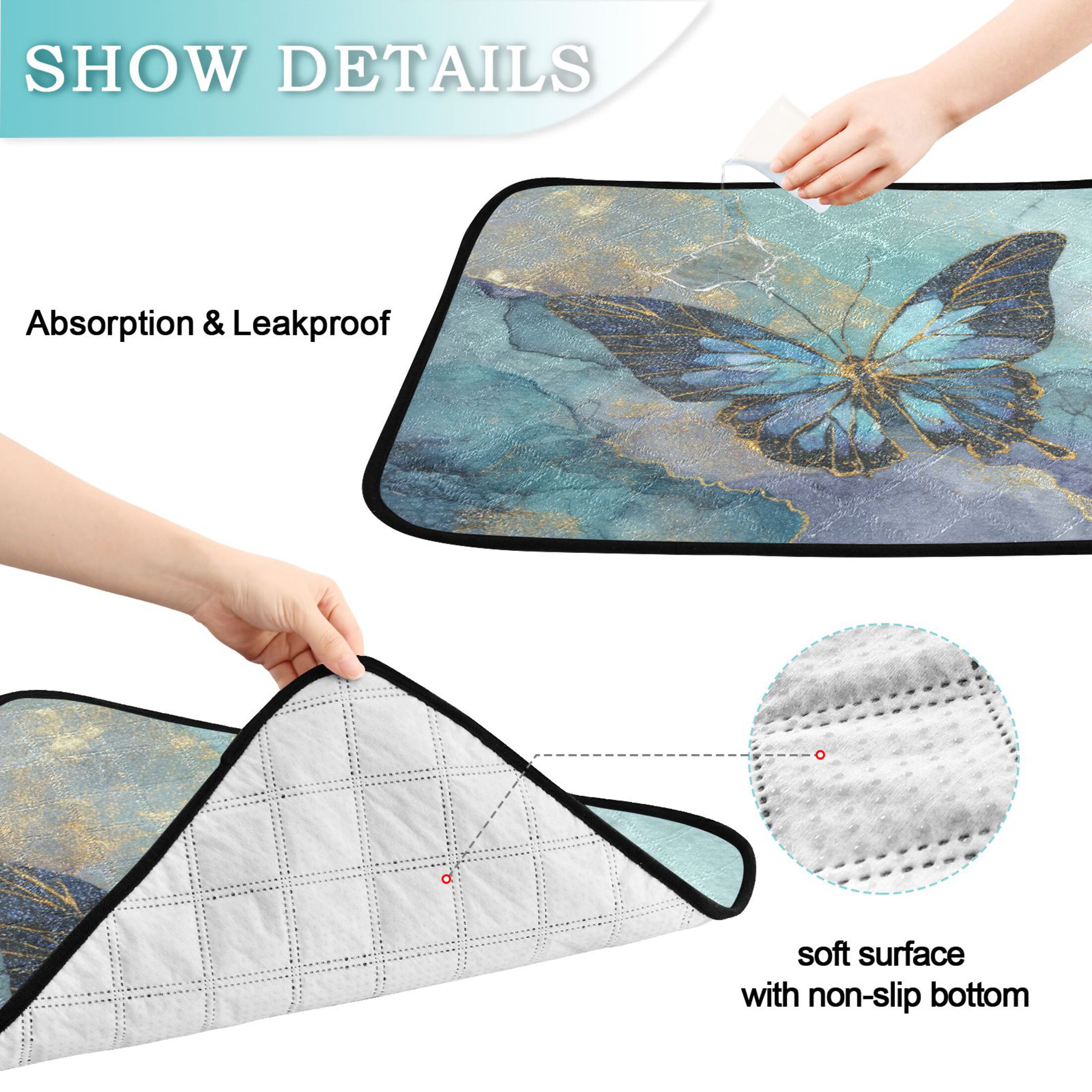 Qxltty Marble Butterfly Cat litter Pads Pet Set of 3 Diaper Mats Center Anti-leakage Layer Absorbent Soft and Comfortable