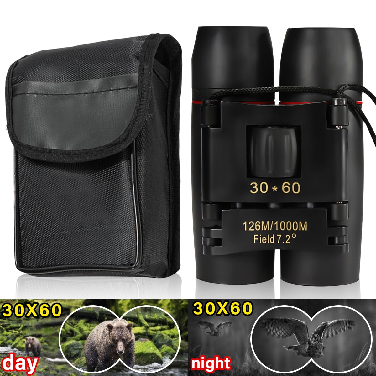 Day Night Vision Binoculars 30X60 Zoom Outdoor Travel Folding Telescope Bag 