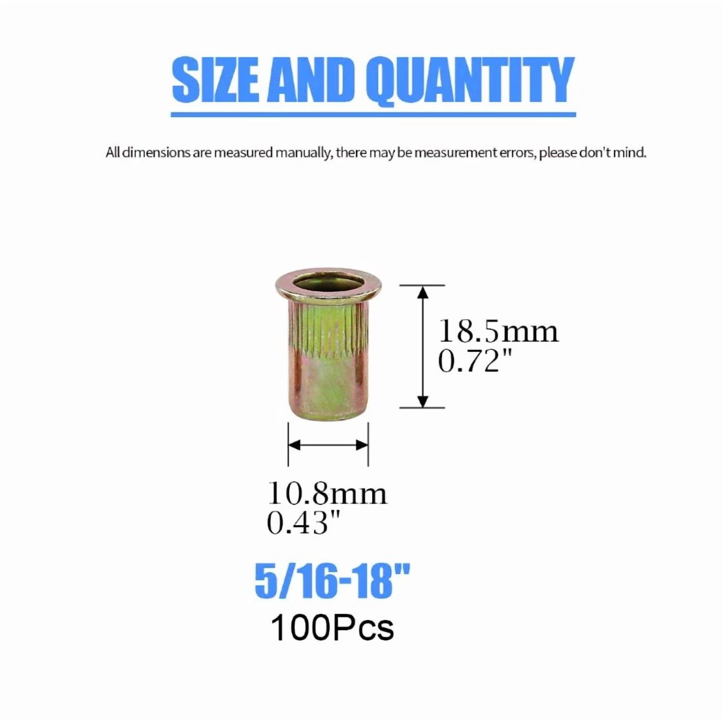 CIRCLE- 100 Pcs 5/16-18 Unc Carbon Steel Rivet Nut Flat Head Threaded Insert Nutsert Sae