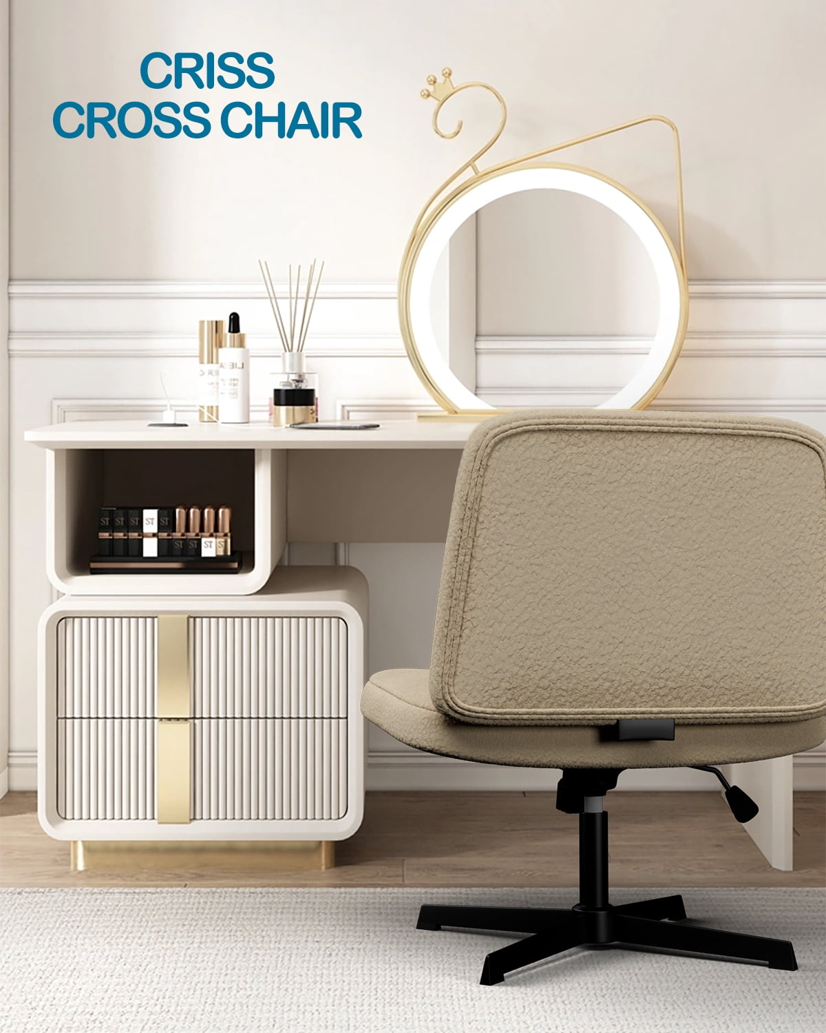 Cross Legged Office Chair,Armless Wide Seat Ergonomic Home Office Desk Chair No Wheels Swivel Home Office Desk Computer Chair for Vanity Home Office Bedroom Living Room(Normal Large Seat, Ivory)