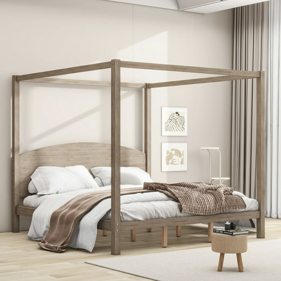 King Size Canopy Platform Bed With Headboard, Support Legs In Brown Wash - Stylish Atmosphere And Reliable Construction Legs,