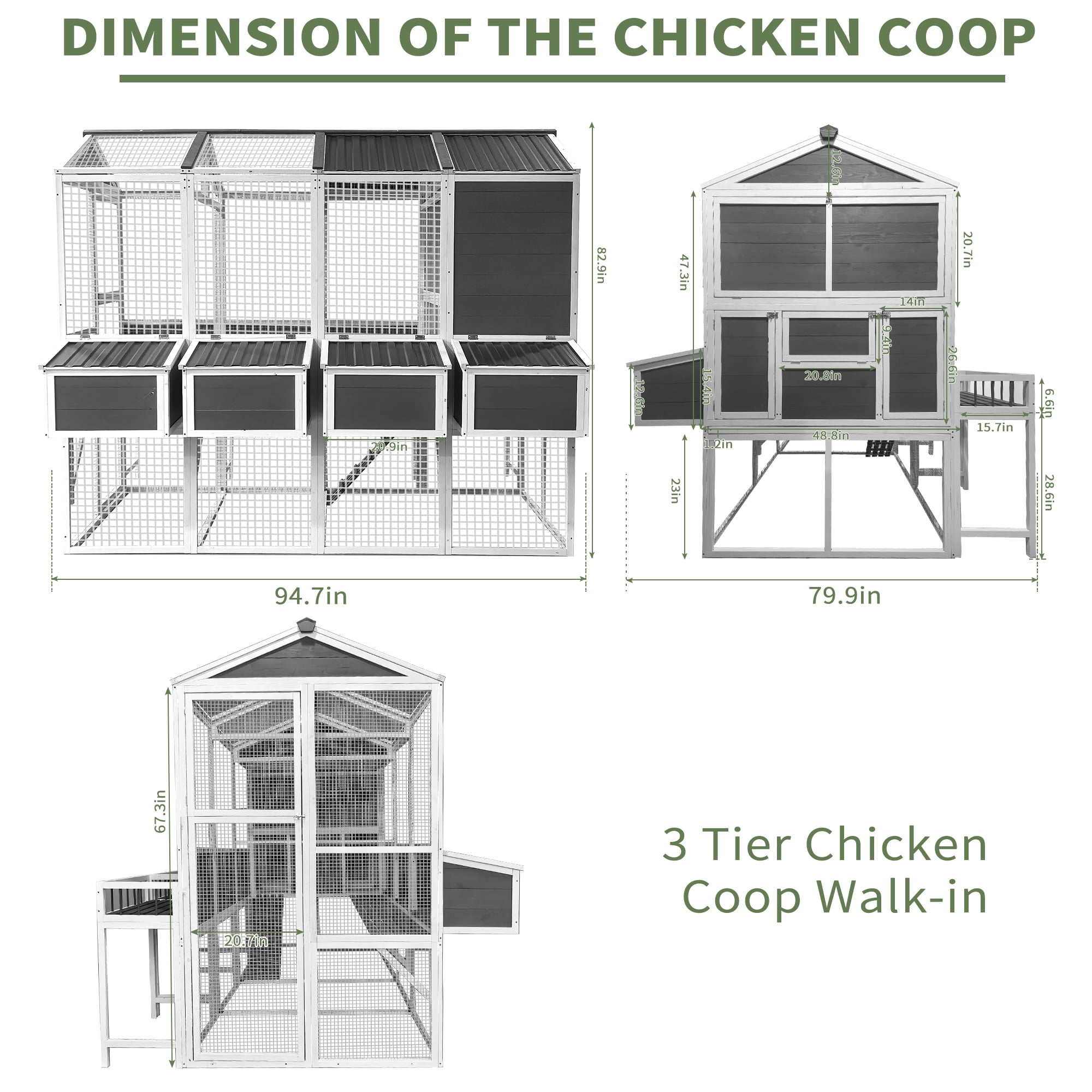 Chicken Coop with Chicken Run, Chicken Coops for 10 Chickens Outdoor with Nesting Boxes , Wooden Walk-in Chicken House with Pull Out Trays , Garden Backyard Cage (95''X80''X83'')