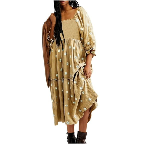 Ayolanni Women Dresses Plus Puff Green Long Sleeve Square Neck Floral Print Midi Dresses Dresses for Girls L