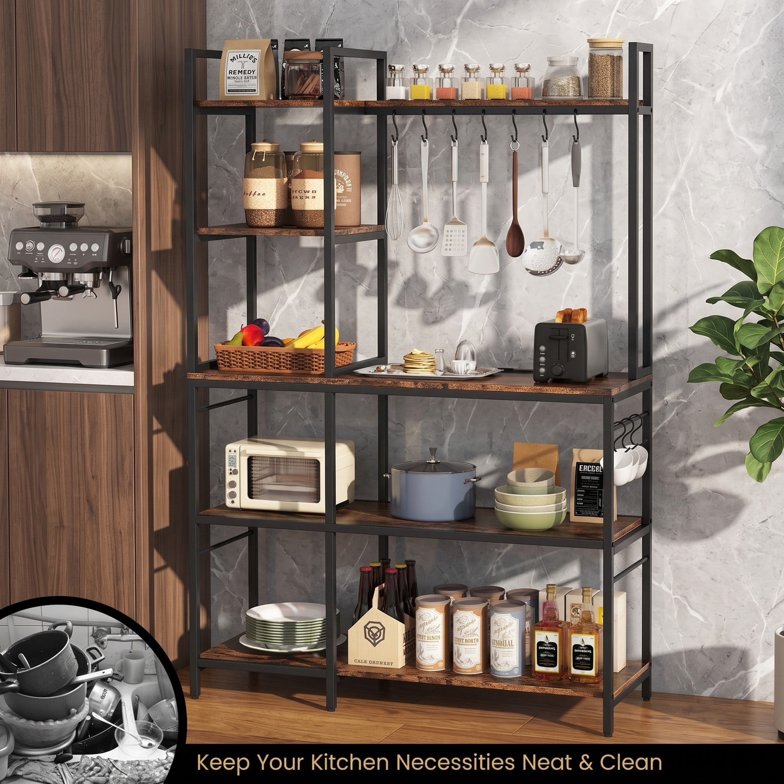 RUIE 5-Tier Kitchen Bakers Rack with Power Outlets, USB & Type-C Charging Station, 10 S-Hooks and Adjustable Feet, Freestanding Metal Microwave Storage, Rustic Brown