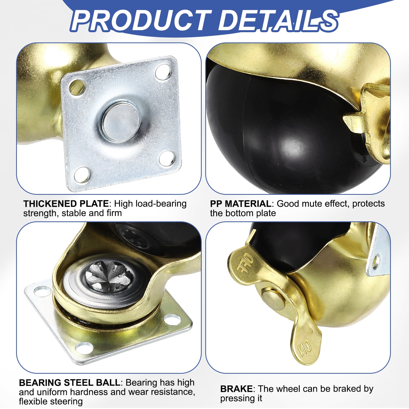 2 Inch Ball Caster Wheels, Swivel Furniture Casters with Brake/ Plate Mount/Screw/Screwdriver, Gold 4 Pcs