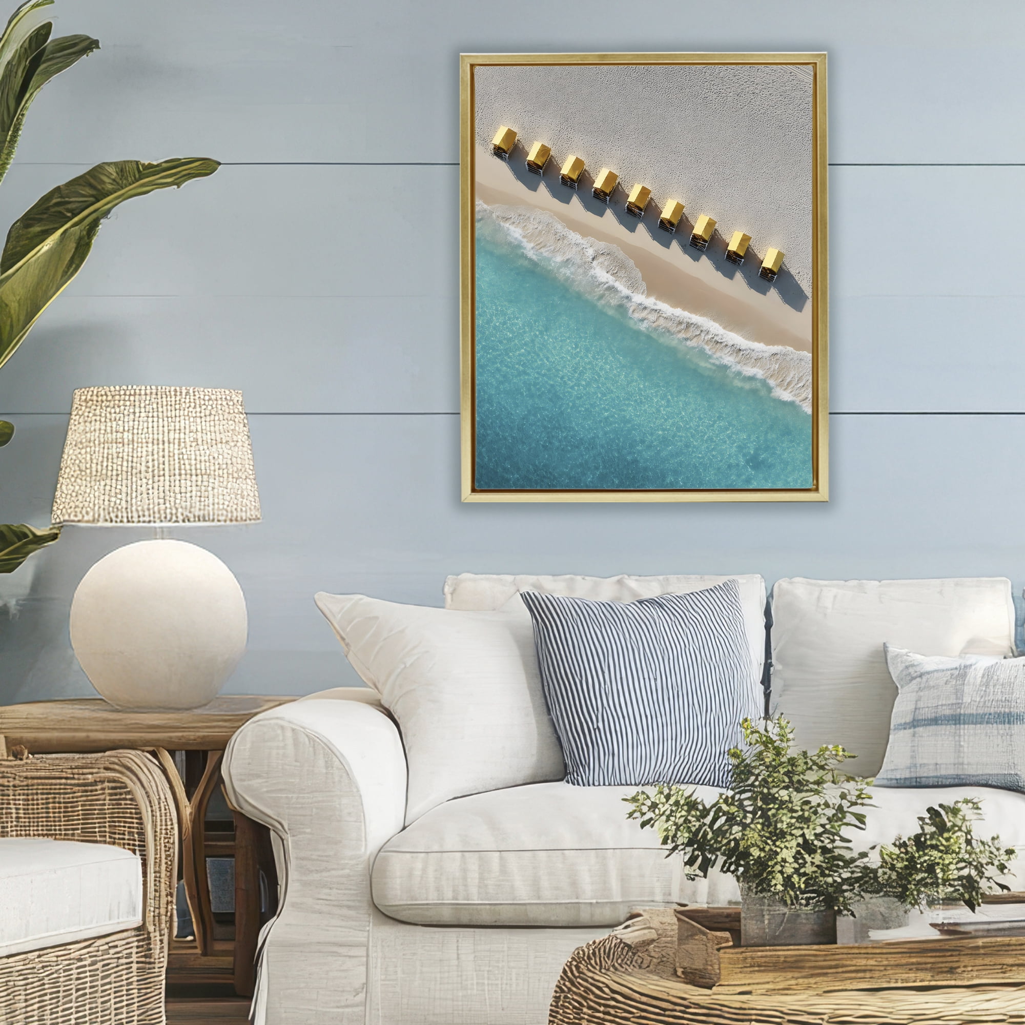 Stupell Industries Yellow Cabanas Along Shore Gold Framed Floater Canvas Wall Art, design by Franklyn Gregory