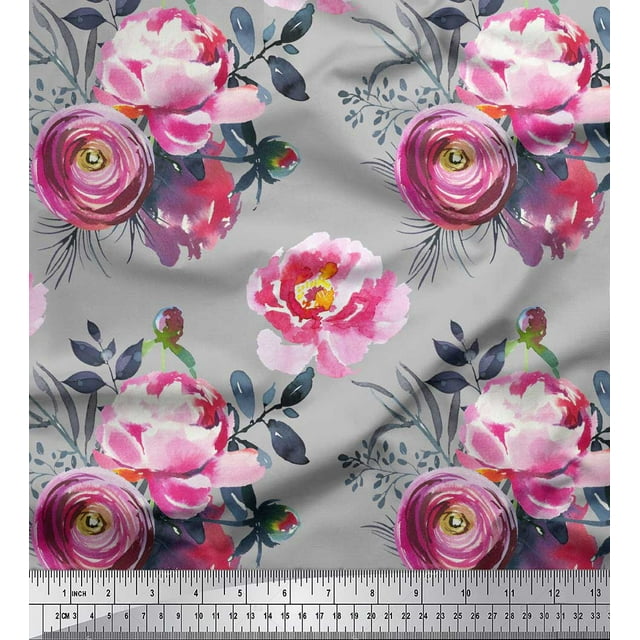Soimoi Gray polyester Crepe Fabric Peony And Ranunculus Floral Print Sewing Fabric Yard 42 Inch Wide
