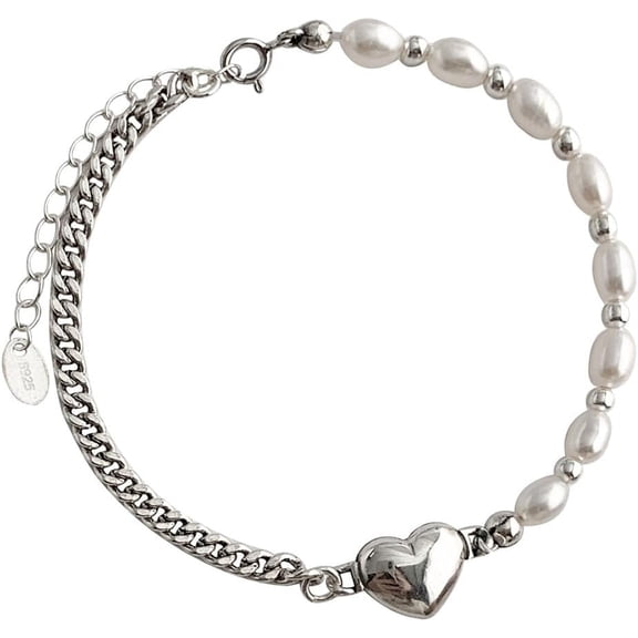 Silver Heart Necklace Half Chain Half Pearl Necklace Boho Choker Necklace Simple Pendant Necklace