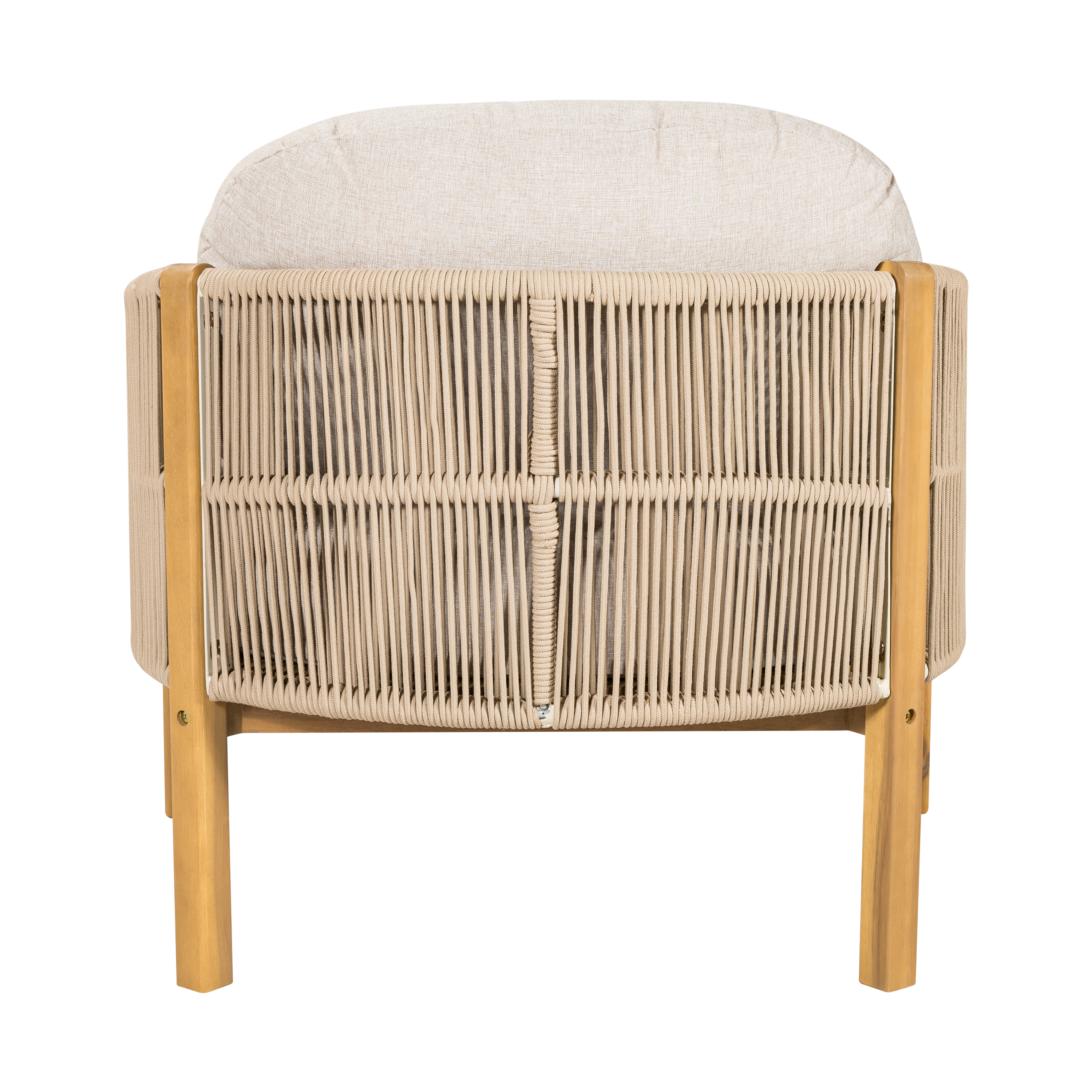 Outdoor Wood Frame Club Chair with Beige Rope and Beige Cushion for Patio Garden Deck, Teak