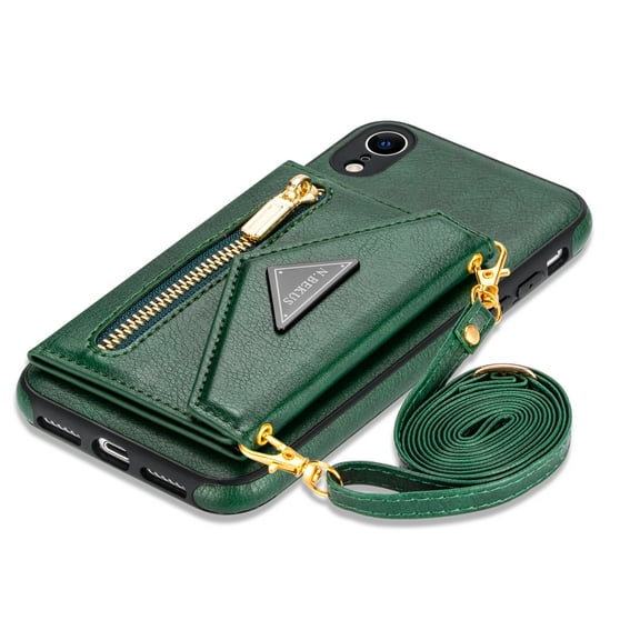 Apple iPhone XR Crossbody Bag Case, Dteck Zipper Pocket Credit Card Holder Wallet Case Phone Cover with Shoulder Strap, For iPhone XR,Green