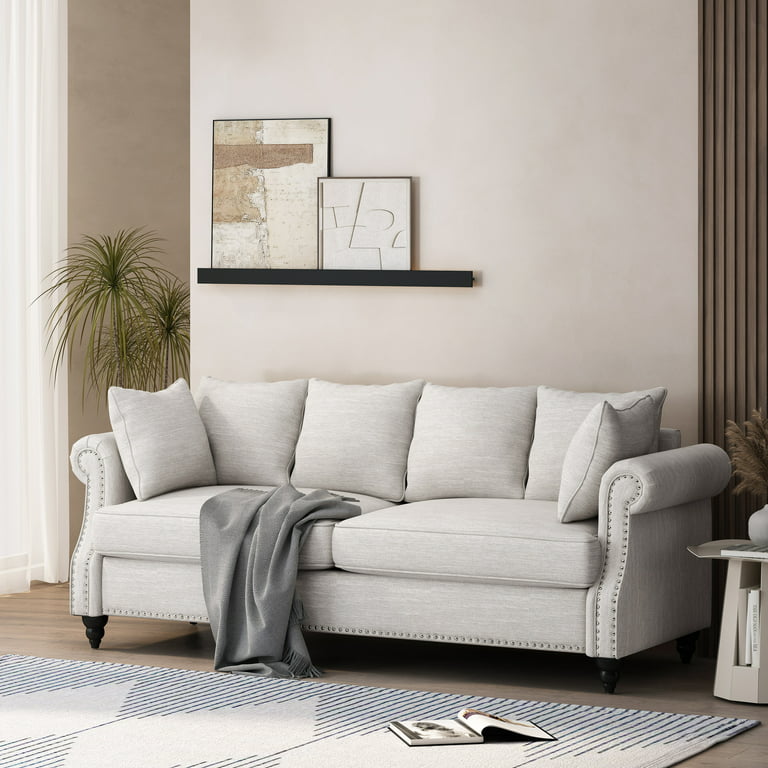 3 Seat Streamlined Upholstered Sofa Couch with Removable Back and Seat  Cushions and 2 pillows, Beige-ModernLuxe