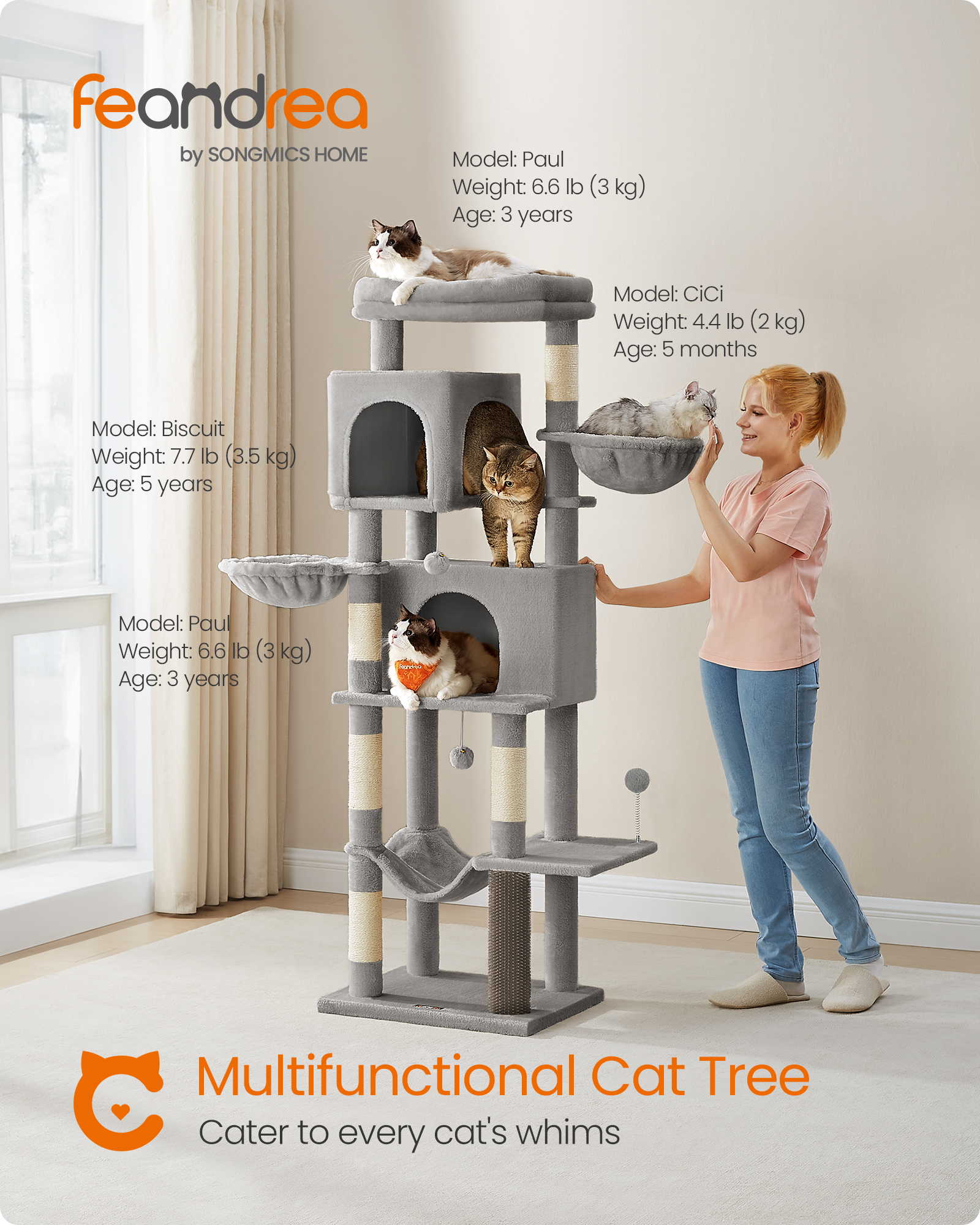 69 Inch Tall Cat Tree Tower for Indoor Cats, Multi-Level Cat Condo with 2 Caves, 2 Baskets, 5 Scratching Posts, Self-Groomer, Perch, and Hammock, Dove Gray