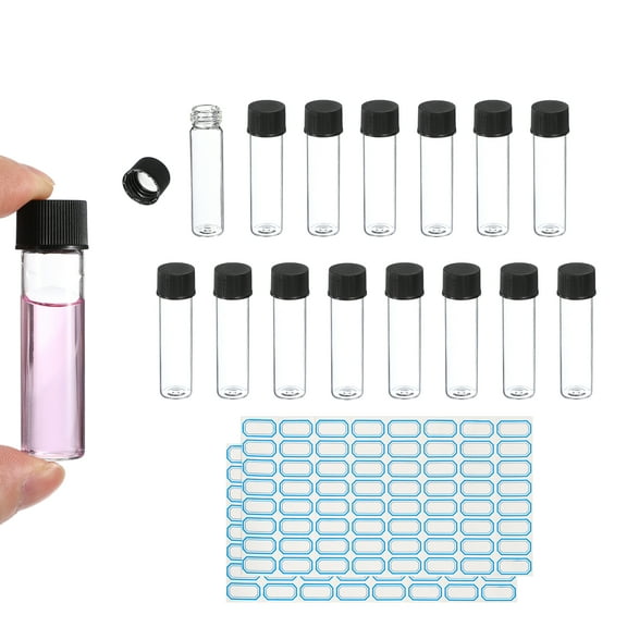 8ml Clear Glass Vials, 15 Pack Sample Vials with Screw Cap Reagent Media Bottle with Labels Leak-Proof Liquid Sample Glass Vial for Lab Laboratory