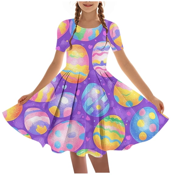 SGFCWSX Girls Short Sleeve Dress Easter Egg Bunny Print A-Line Crew Neck Casual Summer Dresses for Teens Purple Size 13-14 Years