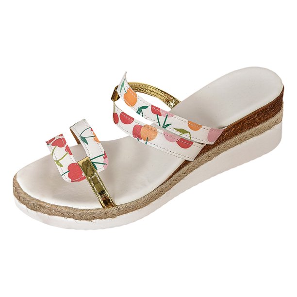 Bmisegm Ladies Summer Casual Colour Blocking Fruit Printing Soft Leather Woven Bottom Thick Bottom Slope Heel Large Size Sandals Slippers Sandals Women Summer Pink 6.5
