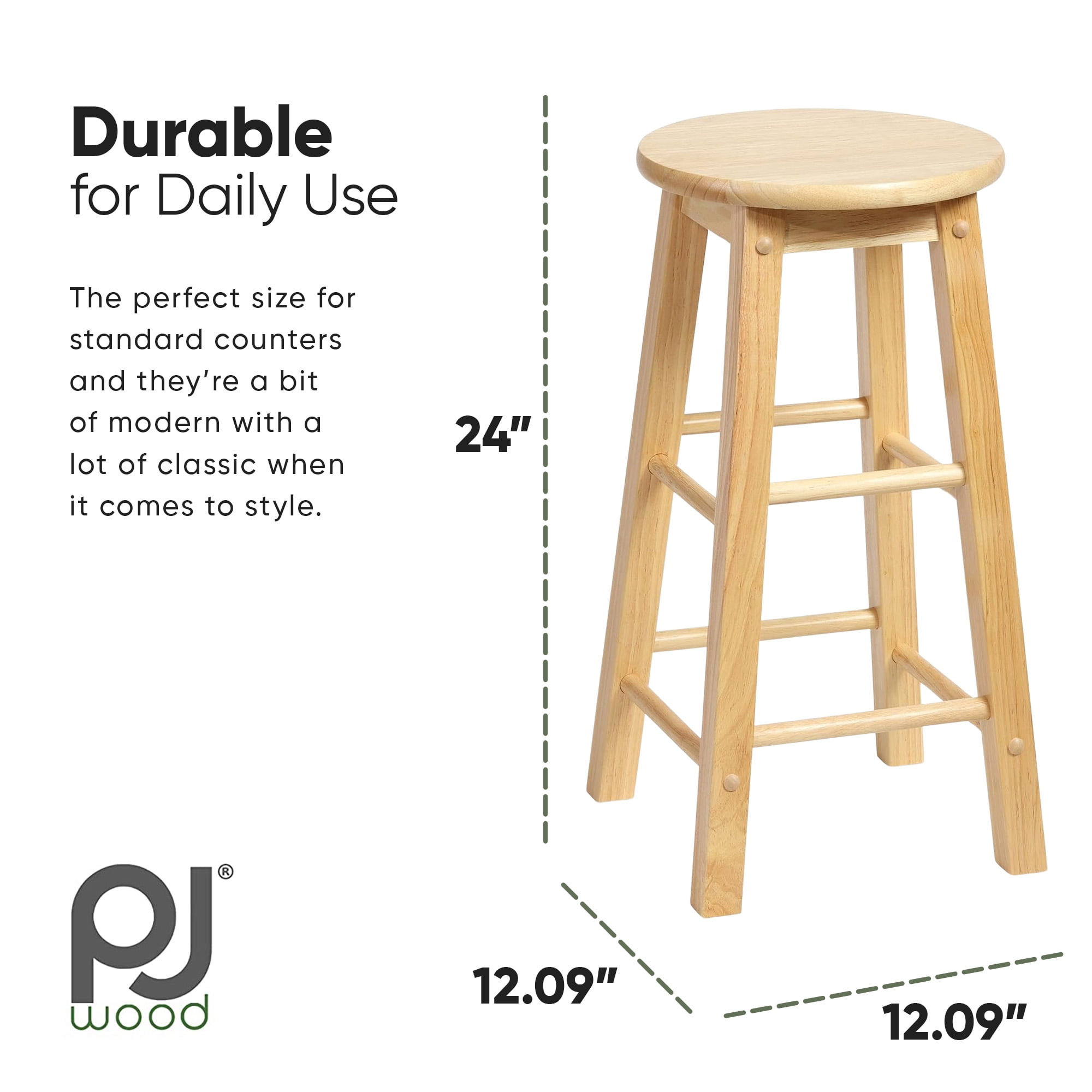 Pj Wood Taburete De Cocina Redondo Clásico De 24 Pulgadas Madera Natural | Cuotas Sin Interés