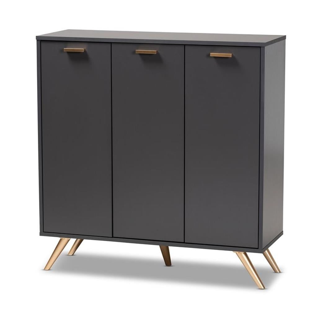 Baxton Studio Kelson Dark Gray and Gold Finished Wood 3-Door Shoe