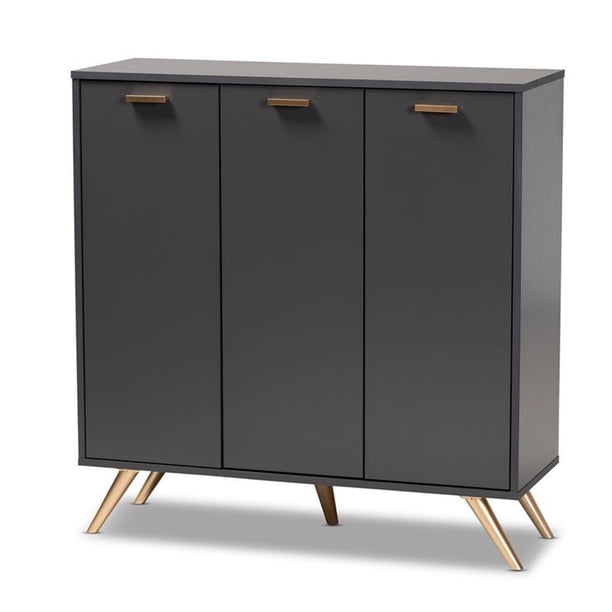 Baxton Studio Kelson Dark Gray and Gold Finished Wood 3-Door Shoe