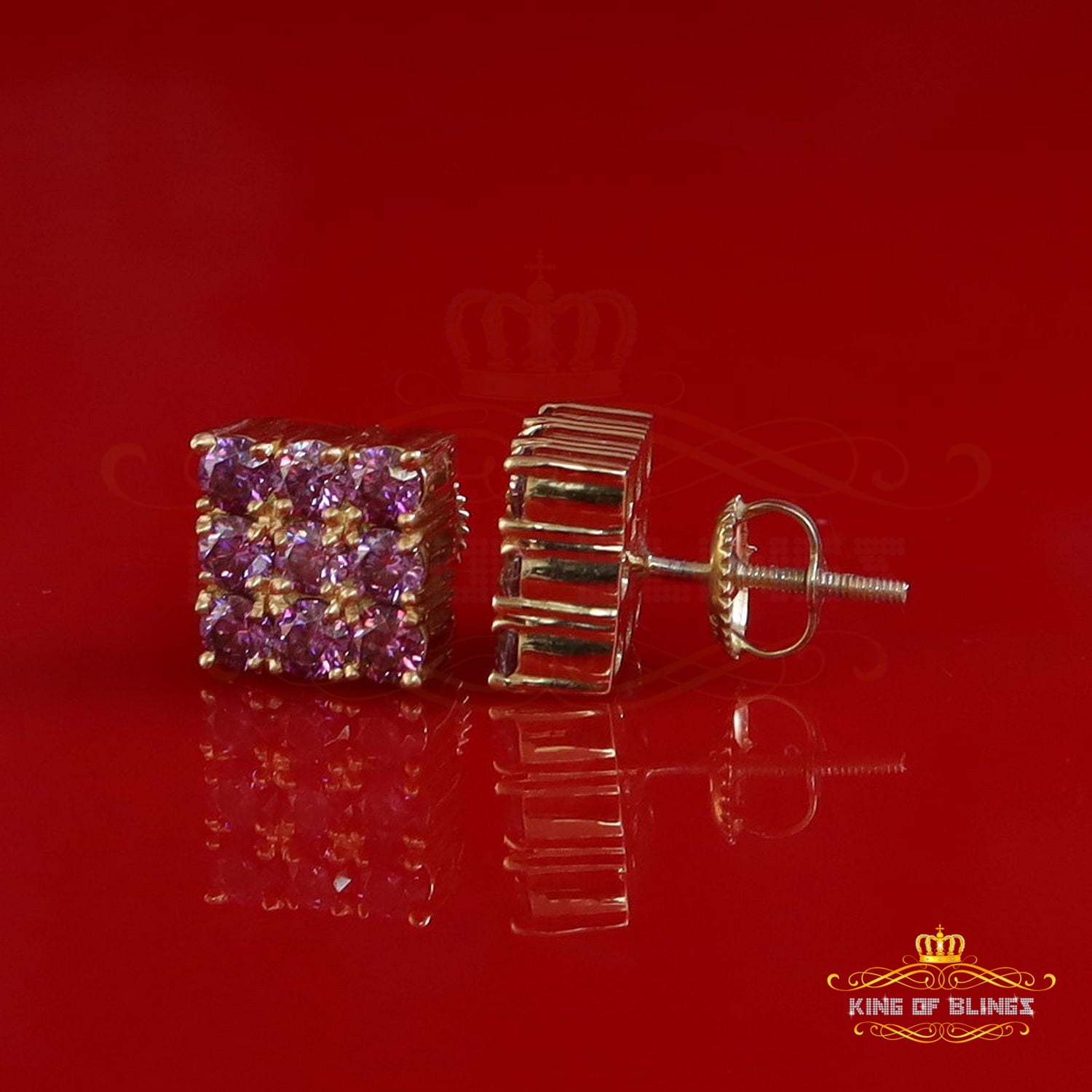 King of Bling's 925 Silver Yellow 2.25ct VVS D Pink Moissanite Men/Women's Square Stud Earrings