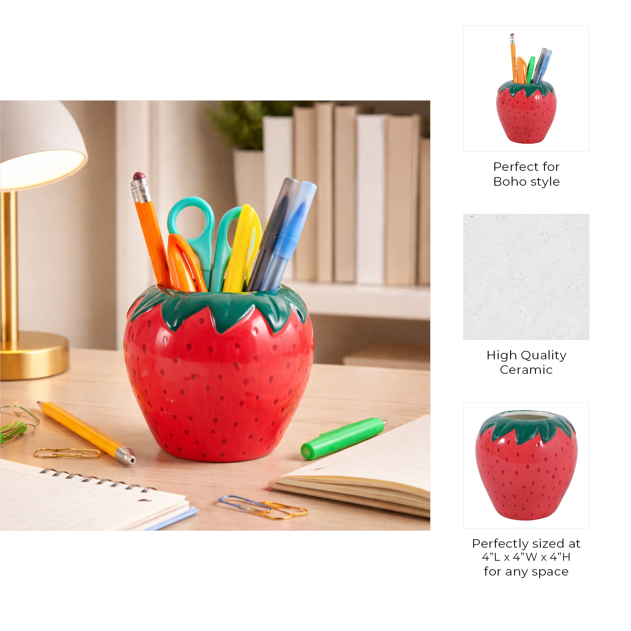 Decorative Ceramic Strawberry Pencil Cup for Desk Organization - Small Desktop Office Storage Organizer for Workspace Decor - Modern Desk Accessory for Home Decor Display - 4", Red & Green