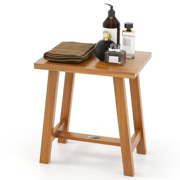 Gymax Teak Shower Bench Bathroom Shower Stool for Shaving Legs & Spa Bath Natural