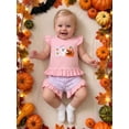 thumbnail image 2 of RUINIXCW Toddler Baby Girl Halloween Outfit Little Baby Girls Summer Fall Clothes Ghost Pumpkin Embroidered Flying Sleeve Ruffled Hem Shirt Tops and Plaid Shorts 2 Piece Set, 2 of 9