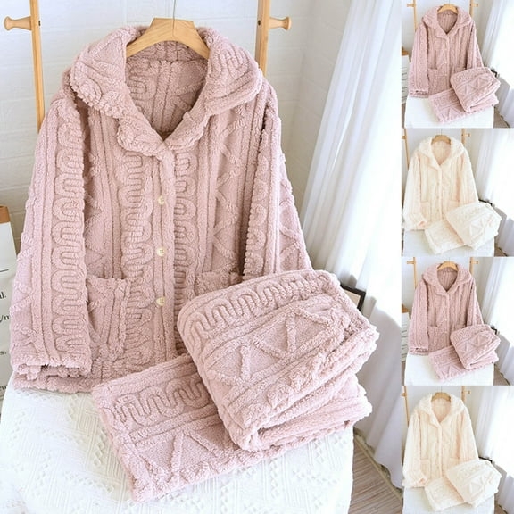 YHAJDS Winter Casual Pajama Suits For Women,Sleepwear Sets For Women Women Sleepwear Set Home Wear Warm Fleece Long Sleeve Cardigan Top And Long Pants With Pockets In Solid Color