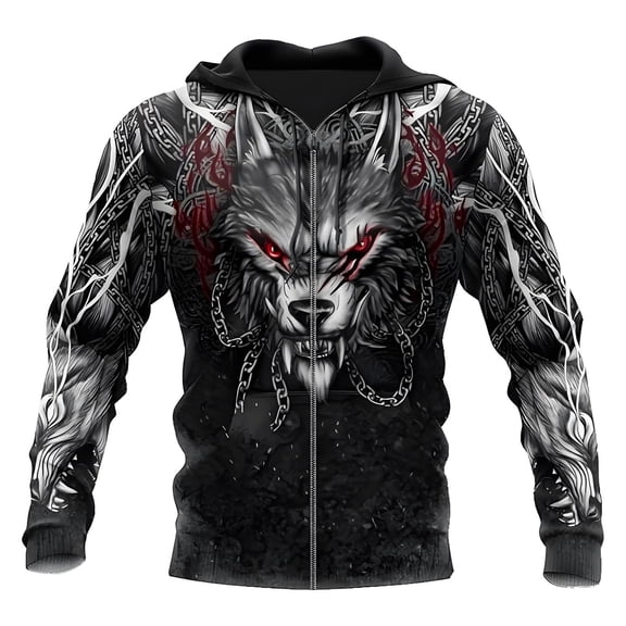 Puliio Men's Viking Zip Up Hooded Jacket Heavy Fleece Sweatshirt Dark Chain Wolf Graphic Grunge Street Outerwear With Pocket