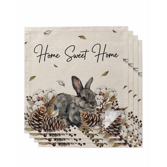 Rabbits Pine Cone Cloth Napkins Set of 4 Reusable Dinner Napkins, Sweet Home Texture Rustic Leaf Retro Beige Cocktail Napkin Washable Table Napkins for Wedding/Holiday Party/Baby Shower 20"x20"