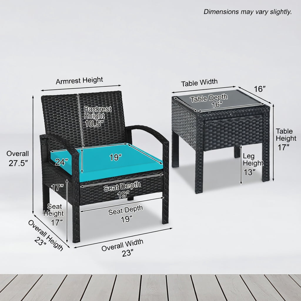 Hommoo 3-Piece Outdoor Rattan Patio Conversation Set, Wicker Chairs & Cushions with Tempered Glass Coffee Table, Turquoise