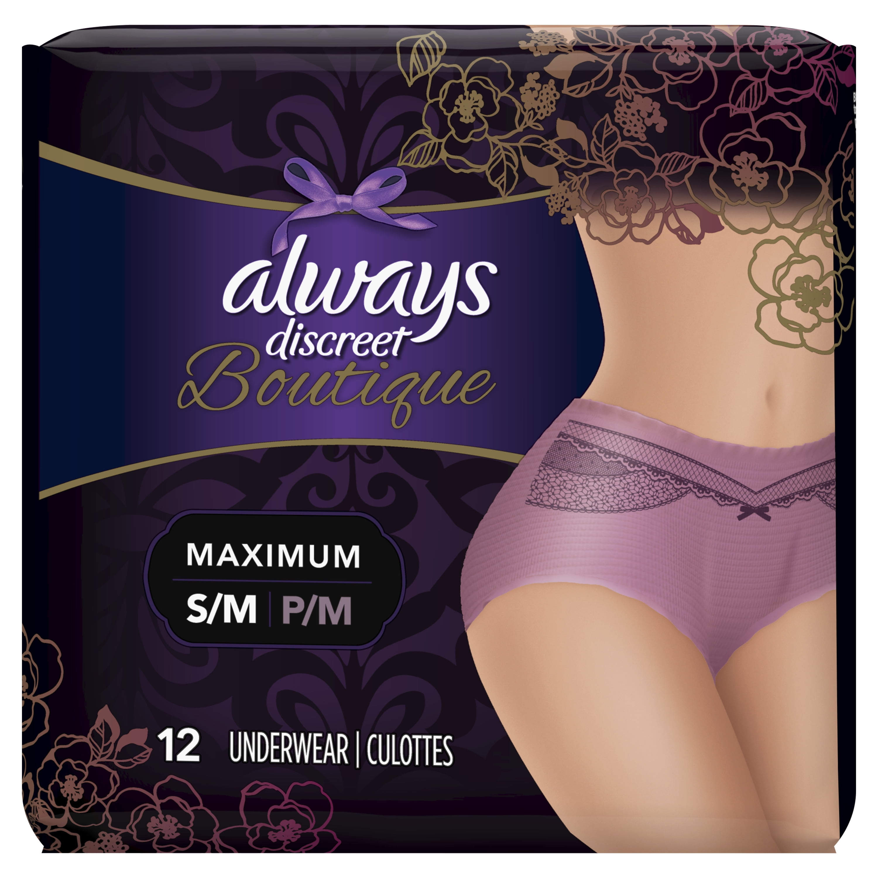 Always Discreet Boutique Max Protect Incontinence Underwear, Purple, S/M, 12 ct