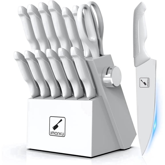 imarku Knife Set White, Sharp Knife Set with Block and Sharpener, Stainless Steel Kitchen Knife Set with Non-Slip Ergonomic Handle, Dishwasher Safe, 14pcs,Kitchen Essentials