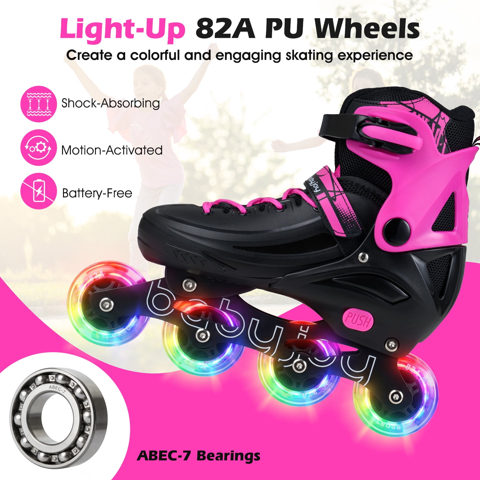 Babyjoy Kids Inline Skates, Adjustable Light-Up Roller Skates with Illuminating Wheels Pink