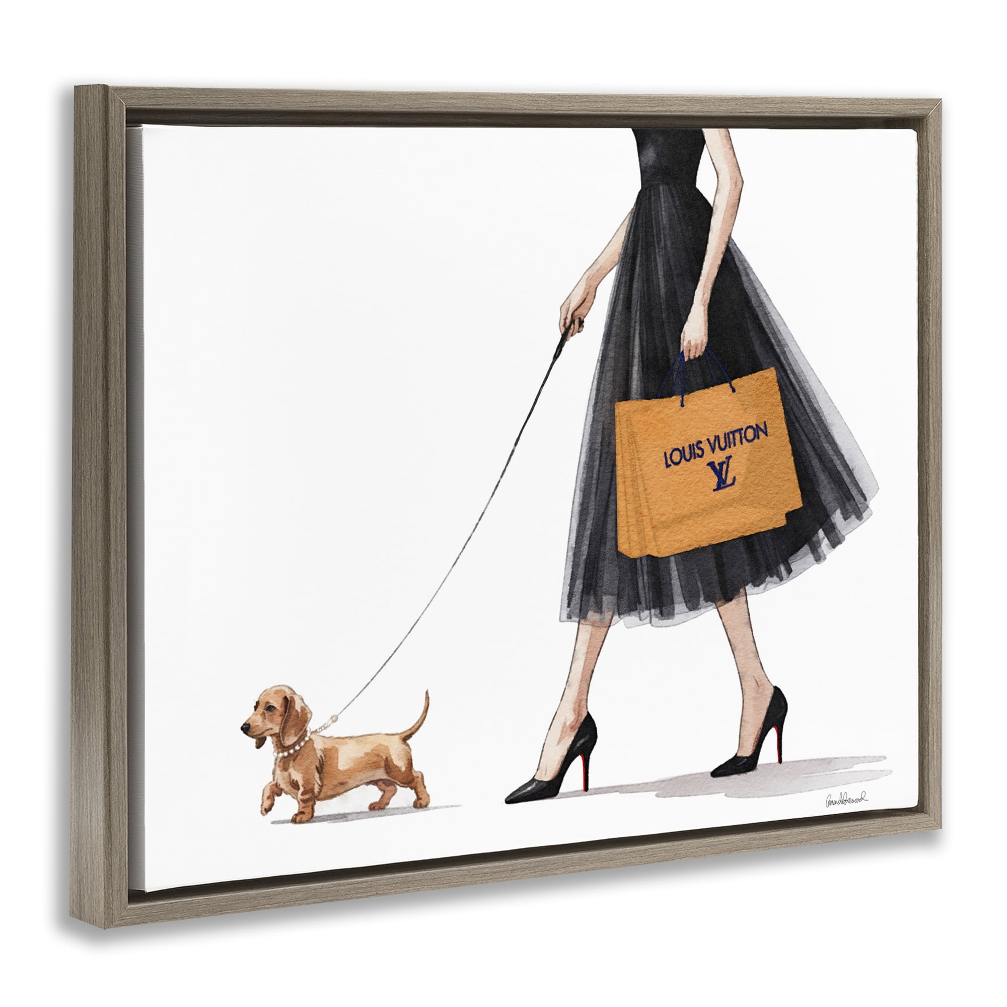 Stupell Industries Fashionable Dog Walking Brown Framed Floater Canvas Wall Art, design by Amanda Greenwood