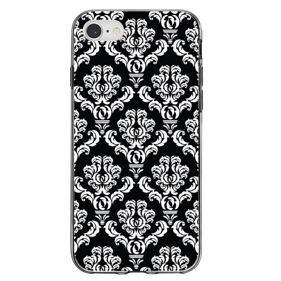 DistinctInk Clear Shockproof Hybrid Case for iPhone 7 8 SE (2020 Model) 4.7" Screen TPU Bumper Acrylic Back Tempered Glass Screen Protector - Black White Damask Pattern - Floral Damask Pattern